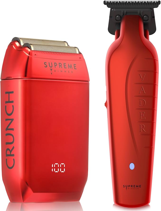 Supreme Trimmer Vader Trimmer & Crunch Foil Shaver Barber Haircutting Kit | Professional DLC T-Blade Beard Trimmer ST3778 & STF602 Waterproof IPX6 Shaver Set | Red