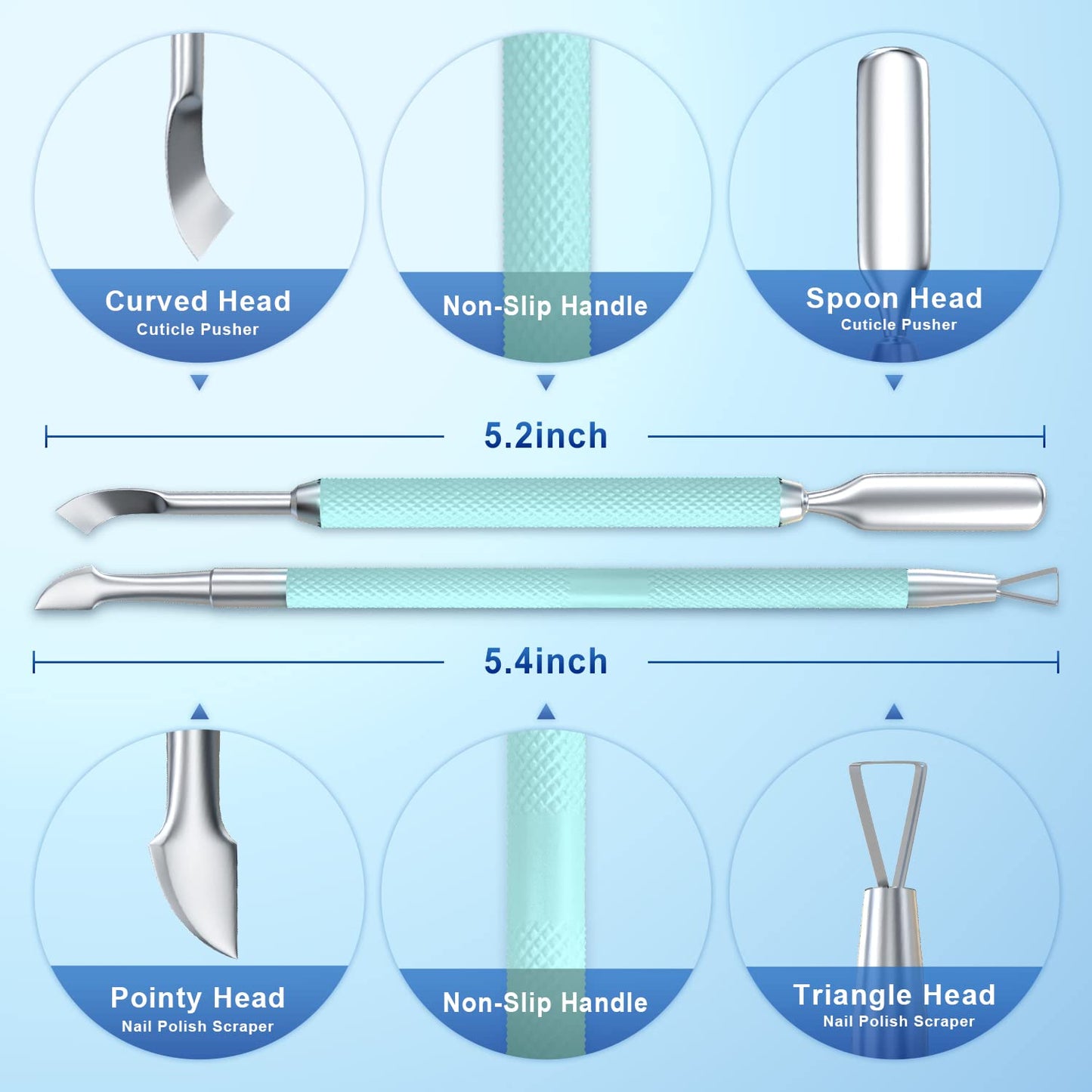 2PCS Metal Teal Cyan Cuticle Pusher and Cutter Remover Salon Stainless Steel Gel Nail Polish Peeler Scraper Durable Professional Manicure Pedicure Cleaner Tool For Fingernail and Toenail-FemmiqueWomen