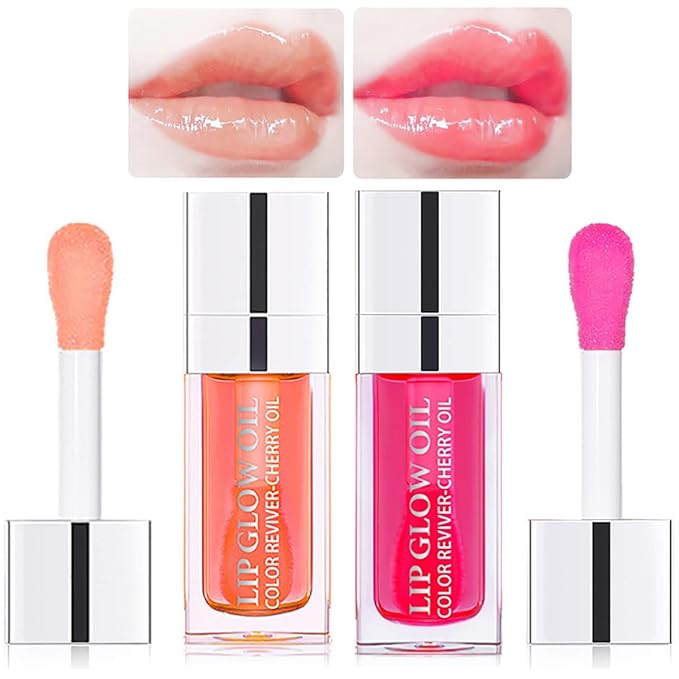 2 Set Lip Oil Hydrating Tinted Lip Balm, Plump Lip Gloss Lip Care Transparent Toot Lip Oil Tinted, Fresh Texture & Non-sticky, Nourishing Repairing Lightening Lip Lines Lip Care Products (Pink / Cherry)-FemmiqueWomen