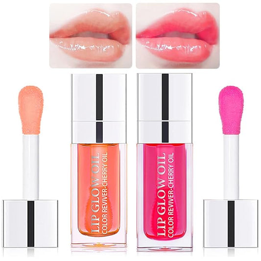 2 Set Lip Oil Hydrating Tinted Lip Balm, Plump Lip Gloss Lip Care Transparent Toot Lip Oil Tinted, Fresh Texture & Non-sticky, Nourishing Repairing Lightening Lip Lines Lip Care Products (Pink / Cherry)-FemmiqueWomen