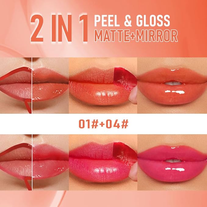 2Pcs Peel Off Lip Gloss Tattoo and Lip Oil 2-in-1, Lip Stain Peel Off Masque - Peel Off Lip Tint ,Long Lasting Waterproof Transfer-proof Lip Mask Lip Gloss Peel Off Lip Liner,Stay Lip Makeup 01#+04#-FemmiqueWomen