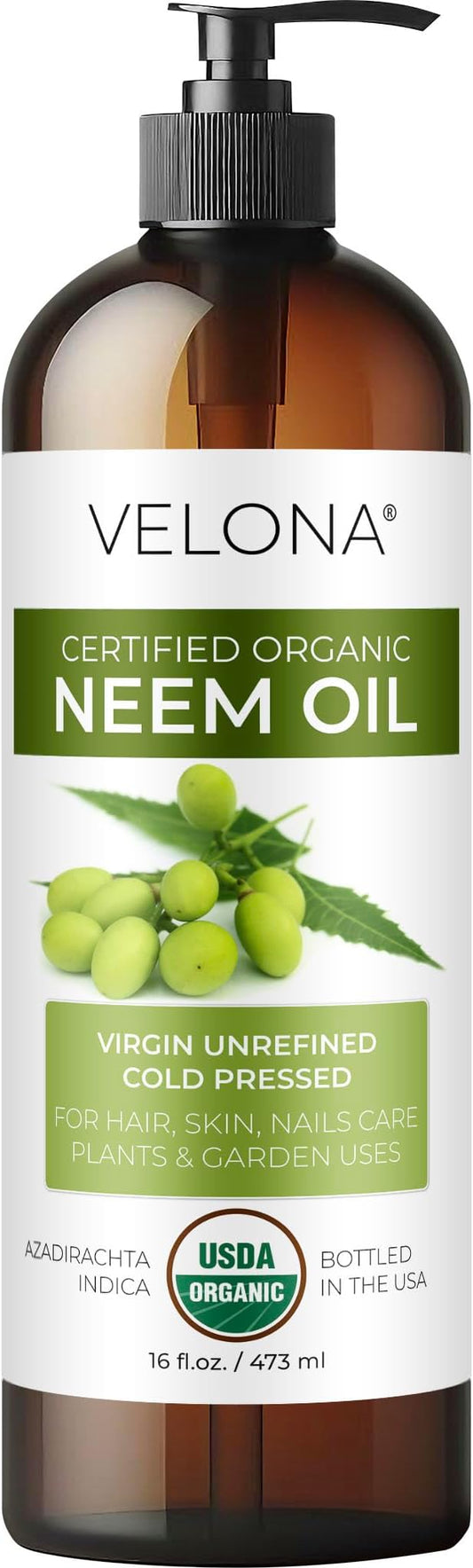 velona Neem Oil USDA Certified Organic - 16 Fl Oz | 100% Pure and Natural Carrier Oil | Virgin, Unrefined, Cold Pressed | Hair, Body and Skin Care | Use Today - Enjoy Results-FemmiqueWomen