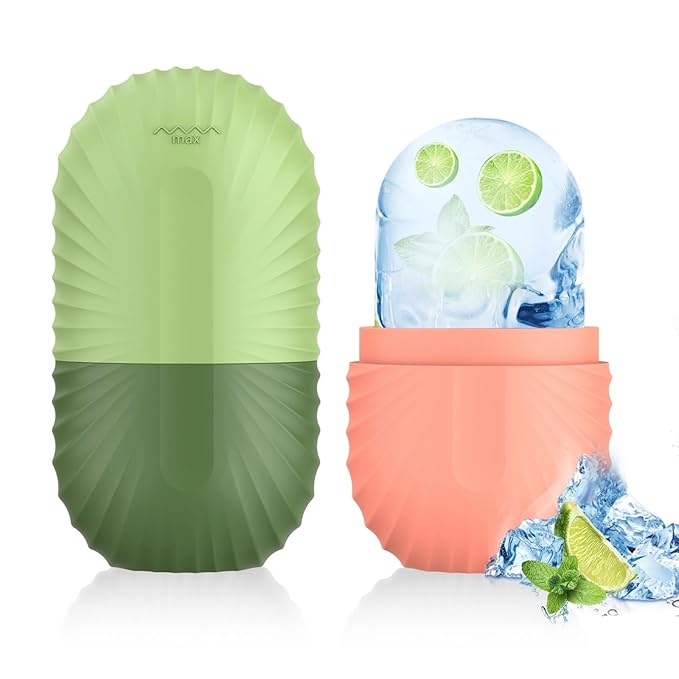2pcs Ice Roller for Face and Eye, Silicone Ice Facial Roller Ice Holder, Face Ice Mold Skin Care, Face Icers Reusable Ice Cube Roller for Shrink Pores Anti Wrinkle Reduce Puffiness, Pink Green-FemmiqueWomen