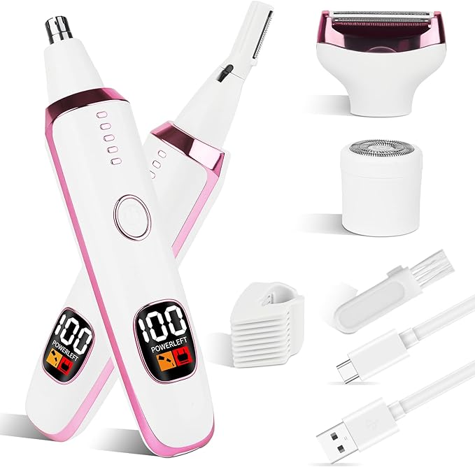 2025 Rechargeable Nose and Ear Hair Trimmer with LED Dispaly for Women Men,4 in 1 Painless Eyebrow & Facial Hair Trimmer with Powerful Motor,Ladies Wet & Dry Electric Razor (White)-FemmiqueWomen