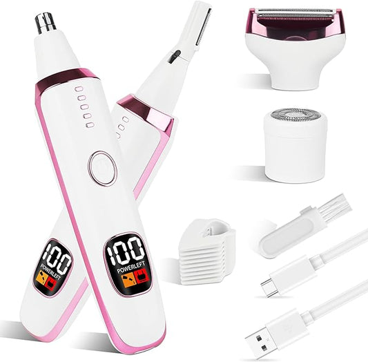 2025 Rechargeable Nose and Ear Hair Trimmer with LED Dispaly for Women Men,4 in 1 Painless Eyebrow & Facial Hair Trimmer with Powerful Motor,Ladies Wet & Dry Electric Razor (White)-FemmiqueWomen