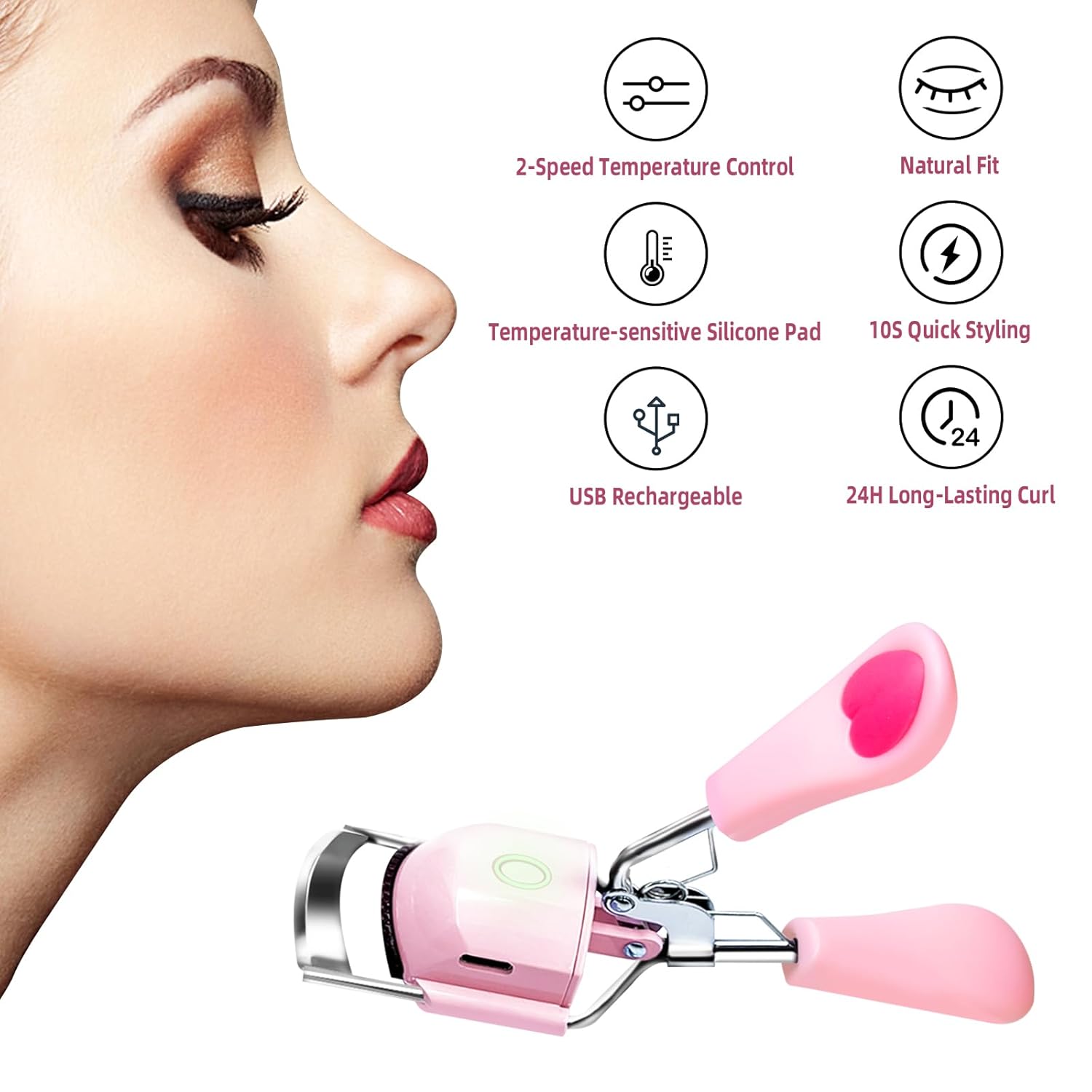 Pinkiou Heated Eyelash Curler for Women USB Rechargeable Lash Curler Long Lasting Ironing Electric Eyelash Curler with Silcone Pad Replacable Great Makeup Tools for Her-FemmiqueWomen