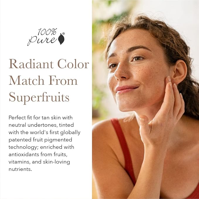 100% PURE Healthy Foundation Full Face Coverage Makeup, Liquid Matte Finish with Anti-Aging Benefits - Vegan Gorgeous Fruit Pigmented Toffee Color (Tan with Neutral Undertone) - 1 Fl Oz-FemmiqueWomen