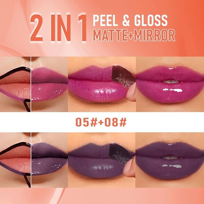 2Pcs Peel Off Lip Gloss Tattoo and Lip Oil 2-in-1, Lip Stain Peel Off Masque - Peel Off Lip Tint ,Long Lasting Waterproof Transfer-proof Lip Mask Lip Gloss Peel Off Lip Liner,Stay Lip Makeup 05#+08#-FemmiqueWomen