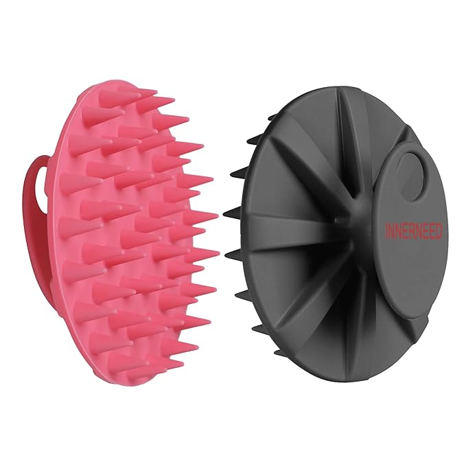 INNERNEED Scalp Massager Shampoo Brush, Wet & Dry Manual Scalp Care Head Scrubber Hair Washing, Soft Silicone Bristles, for Hair Growth, Dandruff Removal (Black+Pink)-FemmiqueWomen