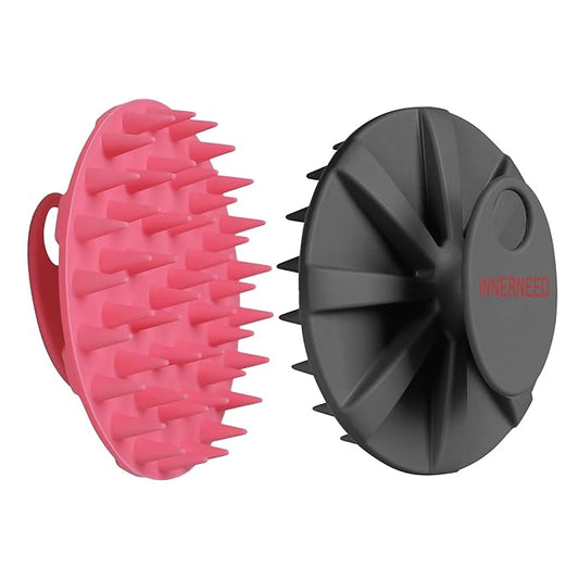 INNERNEED Scalp Massager Shampoo Brush, Wet & Dry Manual Scalp Care Head Scrubber Hair Washing, Soft Silicone Bristles, for Hair Growth, Dandruff Removal (Black+Pink)-FemmiqueWomen