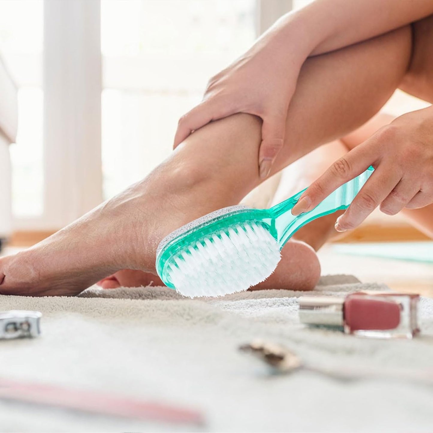 2 Pcs Foot Brush for Shower with Handle 2 in 1, Ooloveminso Large Foot Pumice Stone Brush Scrubber Foot File Calluses Remove Suitable for Horniness Foot Spa, Foot Care Smooth Skin (Green)-FemmiqueWomen