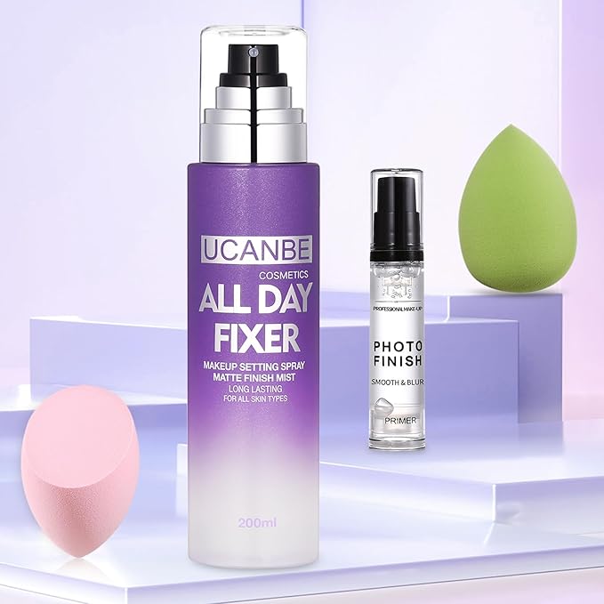 UCANBE Makeup Setting Spray + Face Primer + Make Up Sponge, Gel-Based Hydrating Primer, Lightweight, Long Lasting Matte Finishing Spray,Beauty Blender Set-FemmiqueWomen