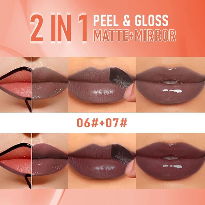 2Pcs Peel Off Lip Gloss Tattoo and Lip Oil 2-in-1, Lip Stain Peel Off Masque - Peel Off Lip Tint ,Long Lasting Waterproof Transfer-proof Lip Mask Lip Gloss Peel Off Lip Liner,Stay Lip Makeup 06#+07#-FemmiqueWomen