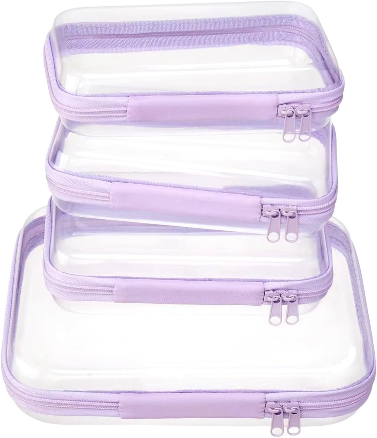 4 pcs Clear Zipper Pouches,Hard Shell Zipper Case, Toiletry Bag for Travel, CLear Diaper Bag, Toiletry Pouch, Travel Organizer, Clear Cosmetic Bag,Toy Storage Bins (M+3S) (Lavender)-FemmiqueWomen