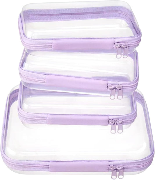 4 pcs Clear Zipper Pouches,Hard Shell Zipper Case, Toiletry Bag for Travel, CLear Diaper Bag, Toiletry Pouch, Travel Organizer, Clear Cosmetic Bag,Toy Storage Bins (M+3S) (Lavender)-FemmiqueWomen