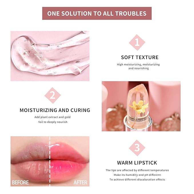 3 Pcs/Set Flower Jelly Lipstick Set Temperature Change Moisturizer Long Lasting Nutritious Balm Magic Color Change Lip Gloss (Flower Jelly Lipstick 040506)-FemmiqueWomen