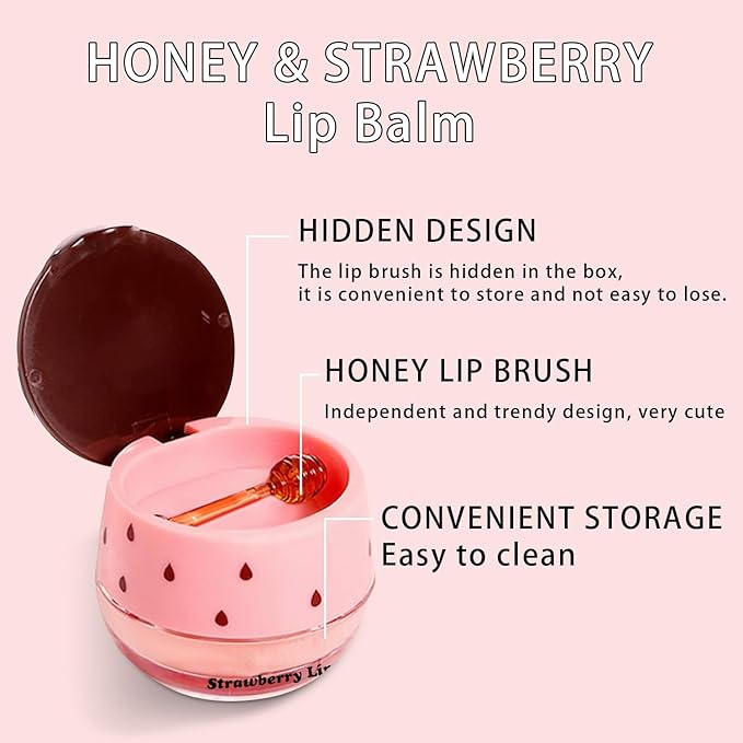 2 PCS Bee Lip Balm Honey Pot, Honey & Strawberry Lip Mask Overnight Propolis Moisturizing Lip Balm Hydrating Prevention Dry and Crack Lip Scrubs Exfoliator Lip Wrinkle Care (Honey&Strawberry)-FemmiqueWomen
