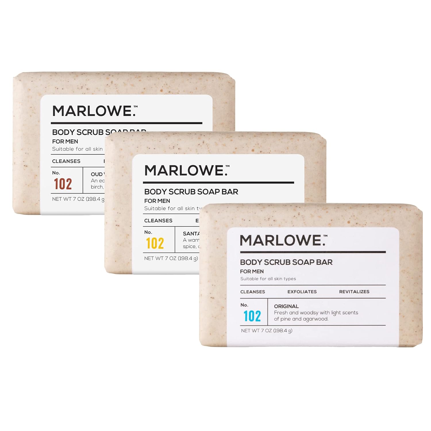 MARLOWE. No. 102 Men's Body Scrub Soap 7oz (Variety Trio) Best Exfoliating Body Soap Bars for Men, Made with Natural Ingredients, Green Tea Extract, Features 3 Amazing Scents-FemmiqueWomen