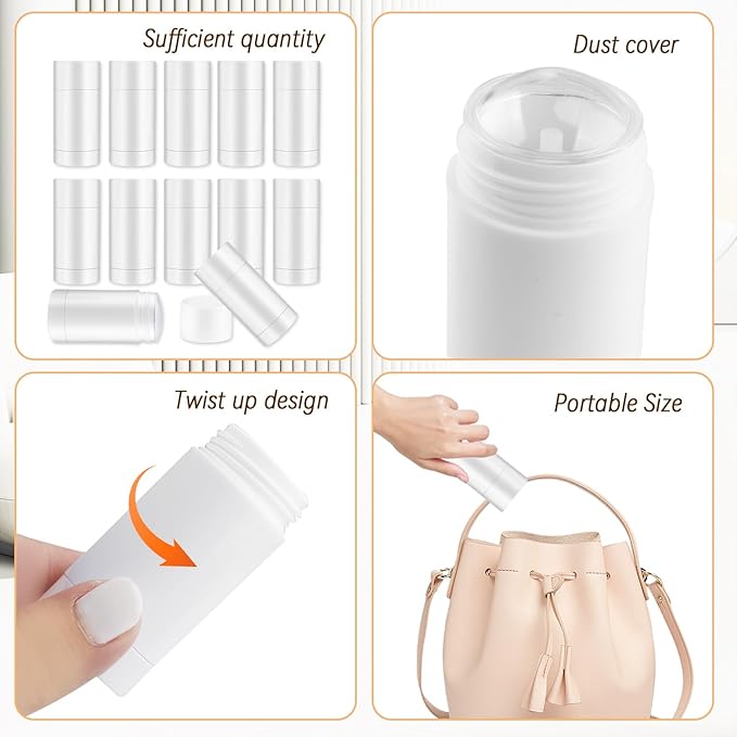 12 Pieces 15g White Plastic Deodorant Containers,Empty 1/2 oz Travel Lip Balm Tubes,Refillable Twist-UP Solid Perfume Tubes,Lipstick Tubes for DIY-FemmiqueWomen