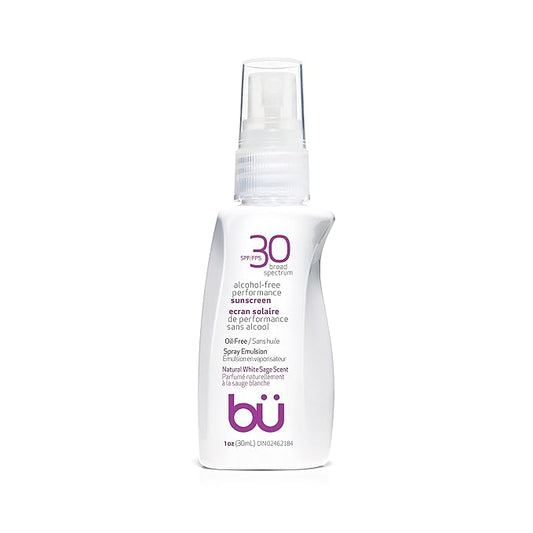BU SPF 30 Sunscreen Spray for Face and Body, Non Aerosol Spray, TSA Travel Size Sunblock, Clear, Non Greasy, Water Resistant, White Sage 1 oz-FemmiqueWomen