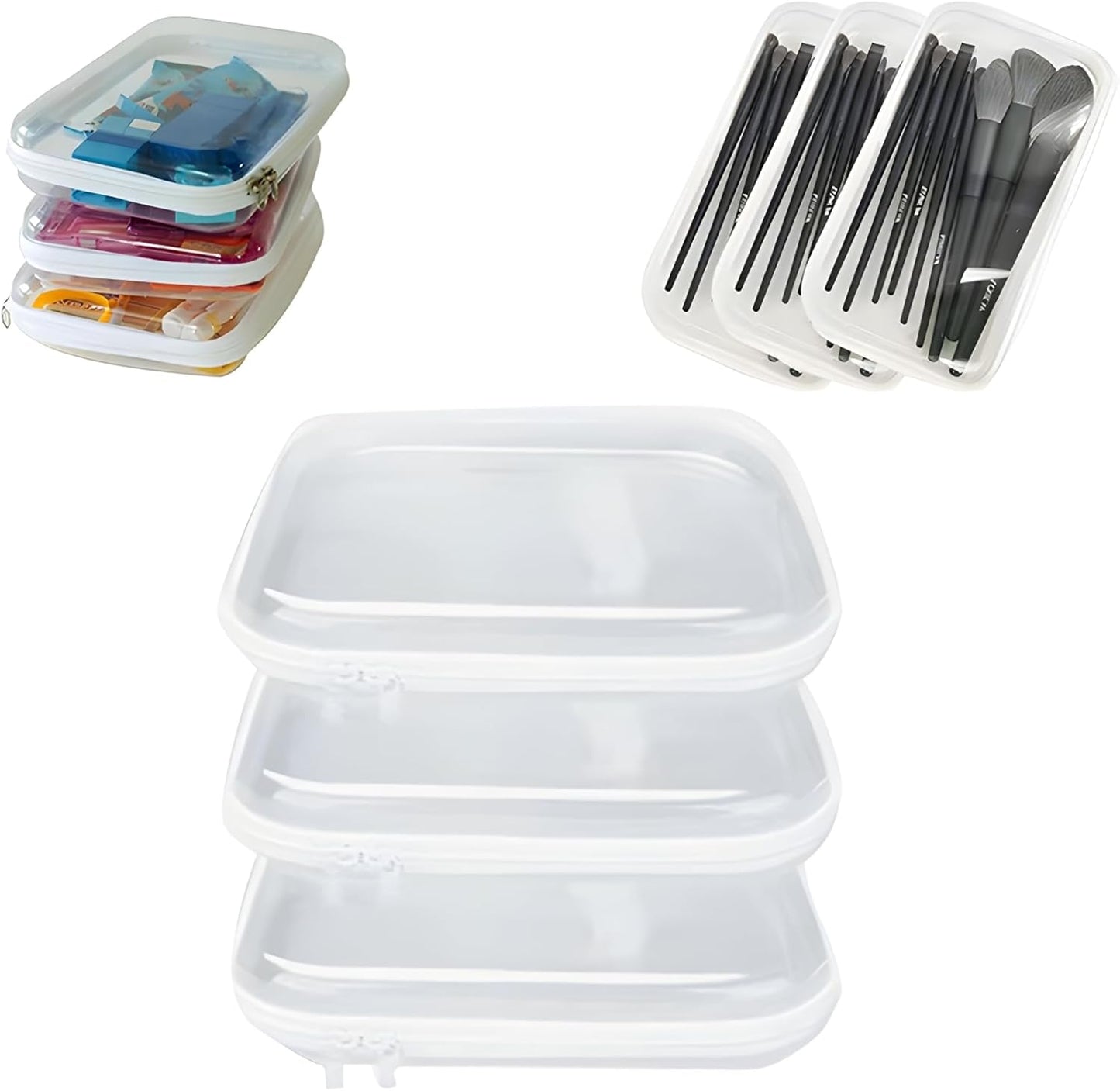 3 Pcs Zippered Transparent Cases，Clear Hard Pouch，Portable Double Zipper Hard Bag,Waterproof Clear Hard Shell Zipper Case for Cosmetic Storage, Snacks, Pencil Case (Small*3)-FemmiqueWomen
