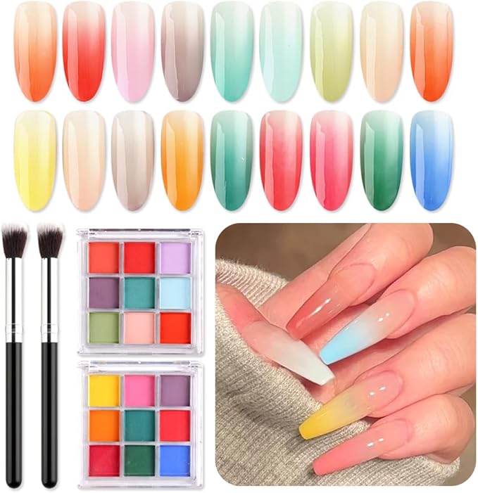 18 Colors Neon Phosphor Solid Pigment Powder Set for Ombre Nails, Fluorescent Nail Pigment Glitter Iridescent Rubbing Dust with Nail Ombre Brush for Gradient Nail Art Manicure DIY Accessories-FemmiqueWomen
