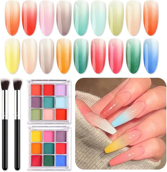 18 Colors Neon Phosphor Solid Pigment Powder Set for Ombre Nails, Fluorescent Nail Pigment Glitter Iridescent Rubbing Dust with Nail Ombre Brush for Gradient Nail Art Manicure DIY Accessories-FemmiqueWomen