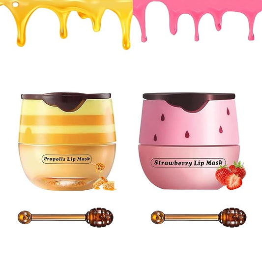 2 PCS Bee Lip Balm Honey Pot, Honey Strawberry Bee Lip Balm Sleeping Lip Mask Overnight with Sticks, Honey Pot Lip Balm Hydrating Exfoliating Prevention Dry and Crack Lip Scrubs-FemmiqueWomen