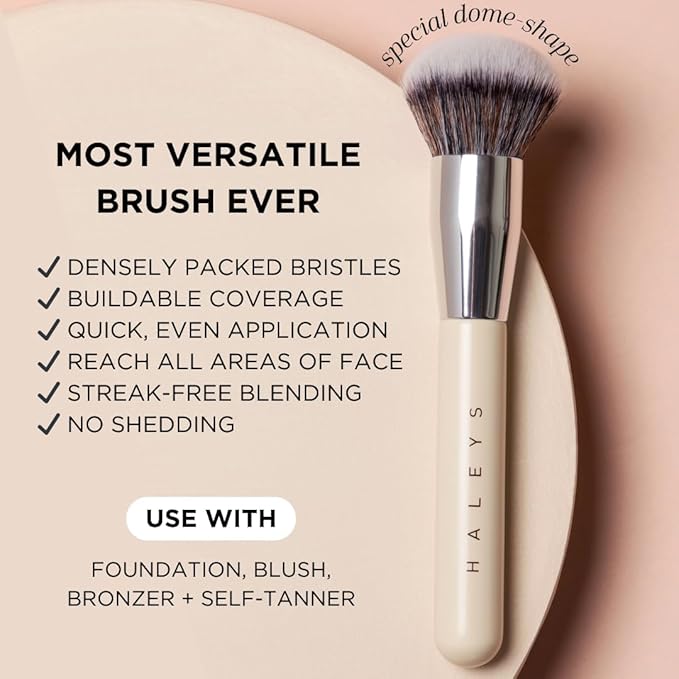 HALEYS Kabuki Makeup Brush + GWP Skin Tint Mini, VEGAN+CRUELTY-FREE, Sustainable Wood, Vegan Bristles for Airbrushed Finish, For Creams, Liquids, Powder, Streak-free, Perfect Blending, Buffs, Blurs-FemmiqueWomen