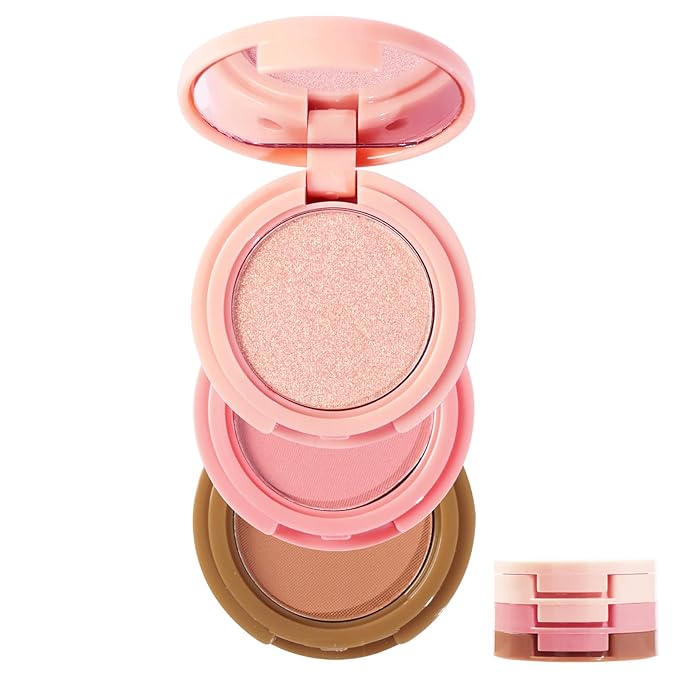 3-in-1 Blendable Trio, Contour and Highlight Blush Makeup Palette, Cream Bronzer, Silky Smooth Powder Blush, Shimmer Highlighter Makeup Powder, Pink Brown Eyeshadow Palette with Mirror(02)-FemmiqueWomen