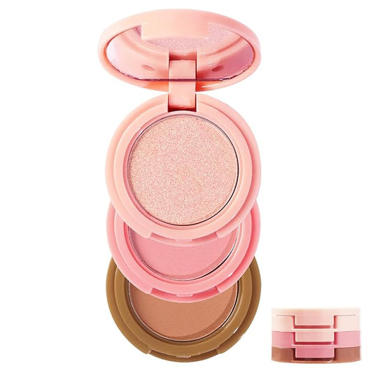 3-in-1 Blendable Trio, Contour and Highlight Blush Makeup Palette, Cream Bronzer, Silky Smooth Powder Blush, Shimmer Highlighter Makeup Powder, Pink Brown Eyeshadow Palette with Mirror(02)-FemmiqueWomen