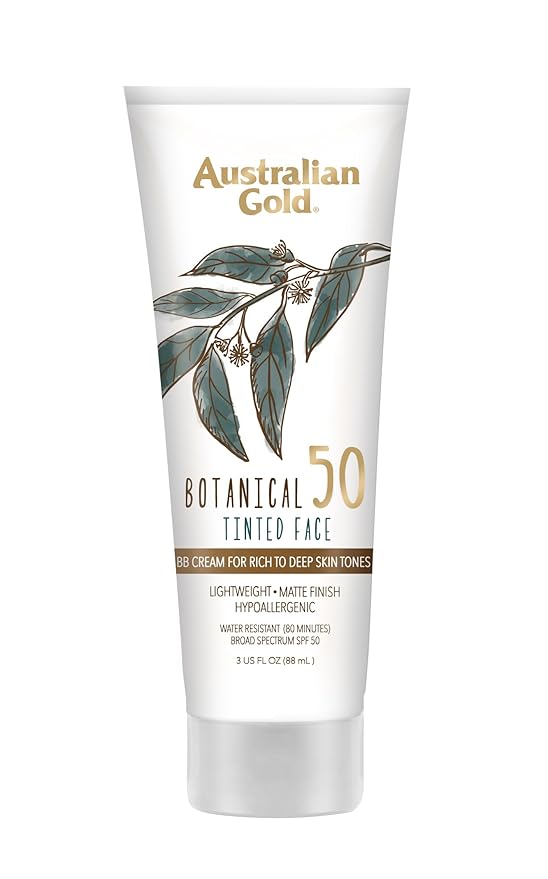 Australian Gold Botanical SPF 50 Tinted Sunscreen for Face, Non-Chemical BB Cream & Mineral Sunscreen,Water-Resistant,Matte Finish,For Sensitive Facial Skin,Rich to Deep Skin Tones, 3 FL Oz, Rich-Deep-FemmiqueWomen