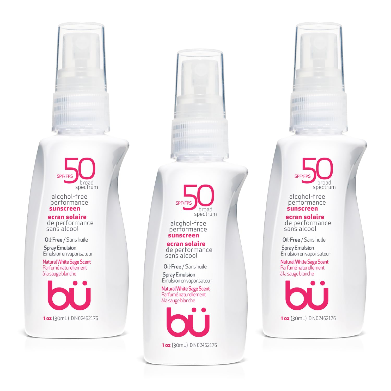 BU SPF 50 Sunscreen Spray for Face and Body, Non Aerosol Spray, TSA Travel Size Sunscreen, Clear, Non Greasy, Water Resistant, White Sage 1 oz (3 Pack)-FemmiqueWomen