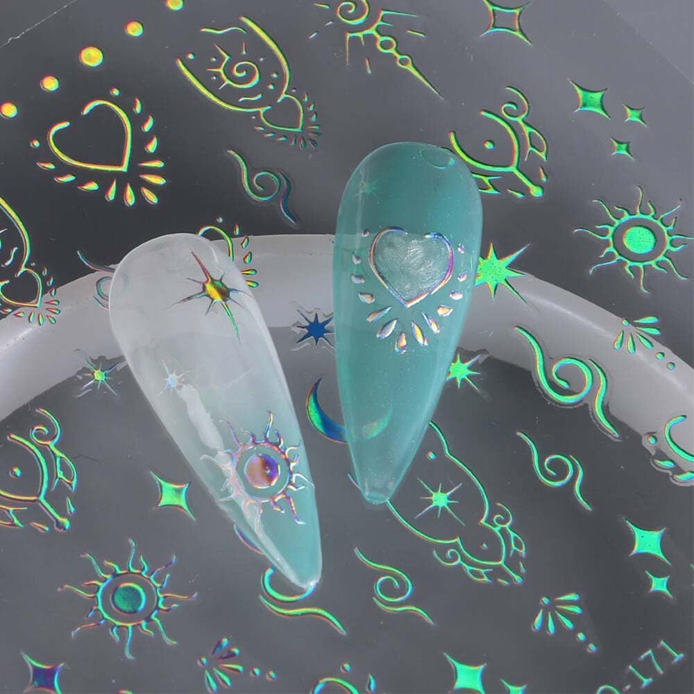 12 Sheets Metallic Nail Art Stickers - Sun Star, Moon Rose & More - 3D Self-Adhesive, Shiny Laser Gold & Silver - Holographic, Glitter for Women's Nail Manicure Decorations-FemmiqueWomen