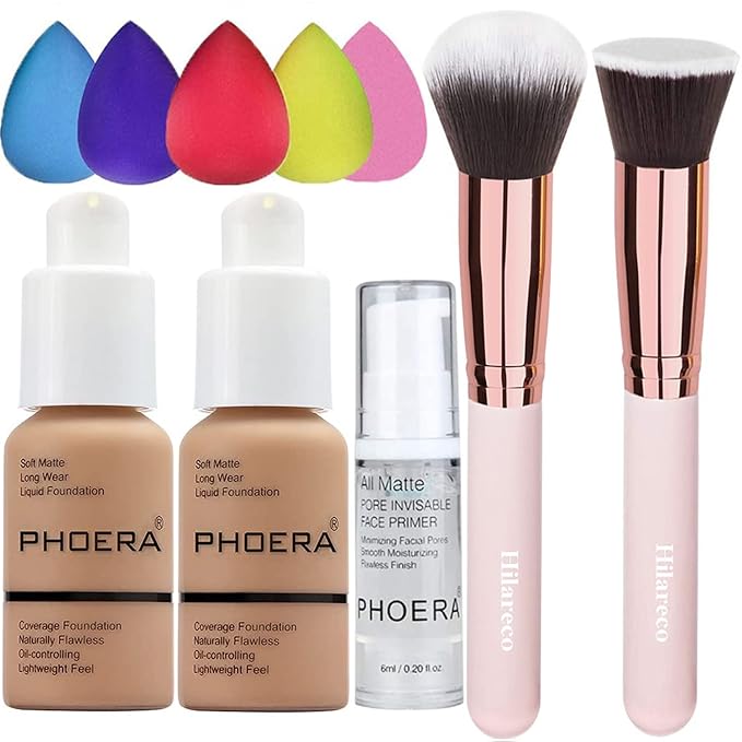 2 Pack PHOERA Foundation Sand 105 and Face Primer, Liquid Full Coverage Foundation Set, Foundation Brush Powder Brush,5 Makeup Sponge, 24HR Matte Oil Control Concealer (2pcs 105 Sand)-FemmiqueWomen