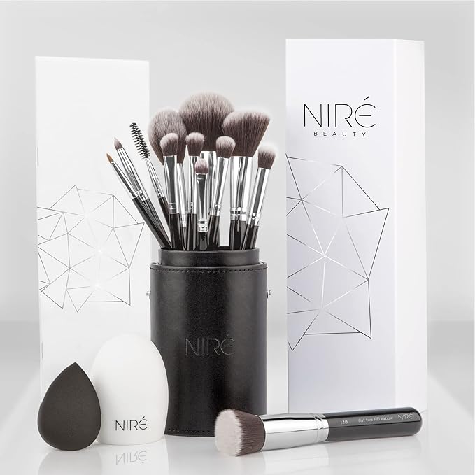 Niré Beauty 15piece Award Winning Professional Makeup Brush Set: Vegan Makeup Brushes with Case, Makeup Sponge, Brush Cleaner, Guide, Gift Box-FemmiqueWomen
