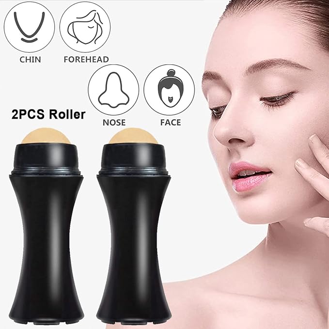 2Pcs Volcanic Face Roller Oil Control On The Go Oil-Absorbing Blotting Tool Natural Volcanic Roller Stone Ball (Black and White)-FemmiqueWomen
