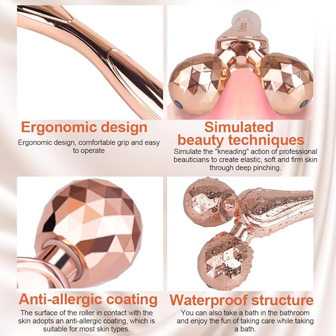 3D Face Roller Metal Facial Massager Face Sculpting Gua Sha Massage Tool for Eye Skin Care Reducing Puffiness Anti-Wrinkle for Women Girl Gift Set(Rose Gold)-FemmiqueWomen