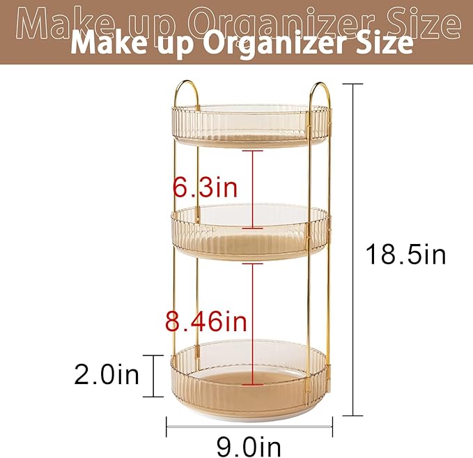 Rotating Makeup Organizer for Vanity, High-Capacity Skincare Clear Make Up Storage Perfume Organizers Cosmetic Dresser Organizer Countertop 360 Spinning (Gold, 3 Tier)-FemmiqueWomen