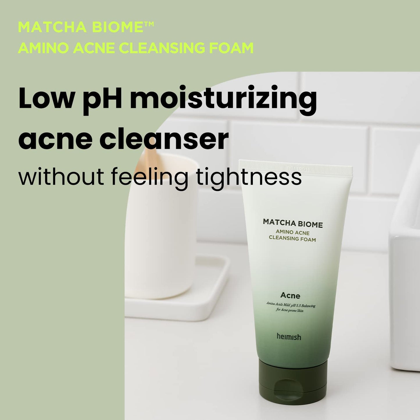 HEIMISH Matcha Biome Amino Acne Cleansing Foam - Deep Cleansing, Hydrating, Calming Facial Cleanser, Gentle Daily Face Wash with Amino Acids, Probiotics, for Oily & Acne-prone Skin, 5.3oz/150g-FemmiqueWomen