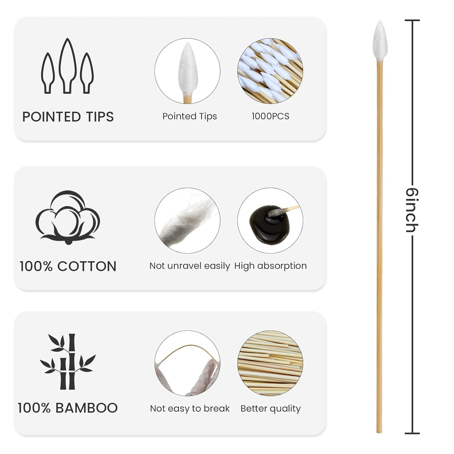 200 PCS 6-Inch Precision Gun Cleaning Swabs - Lint-Free Bamboo-Handle Cotton Swabs for Gun Cleaning, Makeup & Electronics-FemmiqueWomen