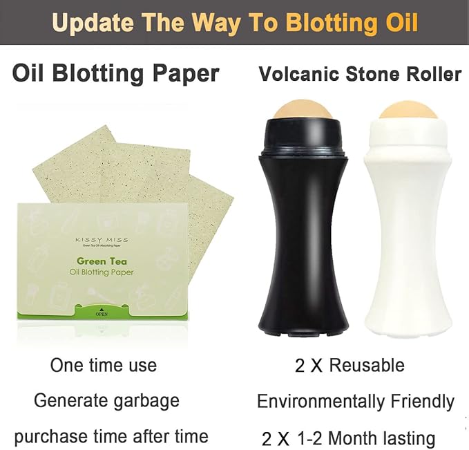 2Pcs Volcanic Face Roller Oil Control On The Go Oil-Absorbing Blotting Tool Natural Volcanic Roller Stone Ball (Black and White)-FemmiqueWomen