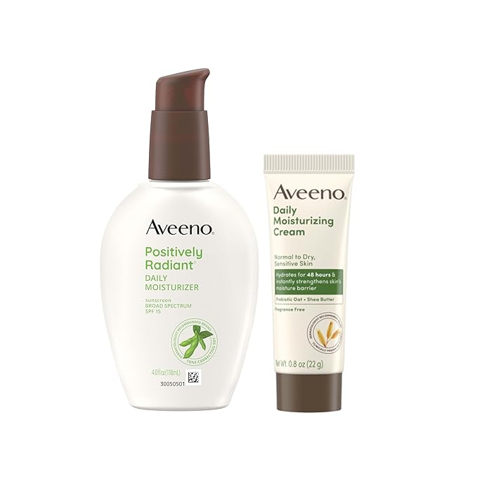 Aveeno Skincare Bundle, Positively Radiant Daily SPF 15 Facial Sunscreen Moisturizer + Soy, 4 fl. oz, & Travel Size Daily Moisturizing Cream for Body, Face, & Hands, 0.8 oz, Two Pack, 2 Items-FemmiqueWomen