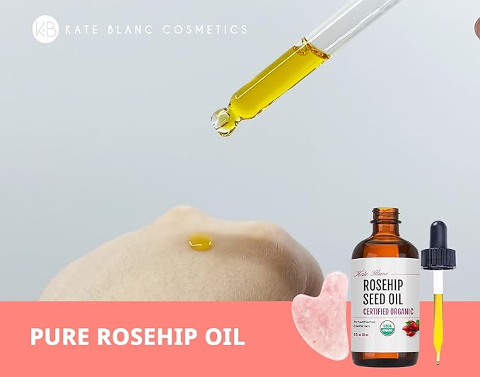 Kate Blanc Cosmetics Rosehip Oil for Face with Pink Gua Sha Stone (1oz, Organic, Pure, Cold Pressed) Rosehip Seed Face Oil for Gua Sha Massage-FemmiqueWomen