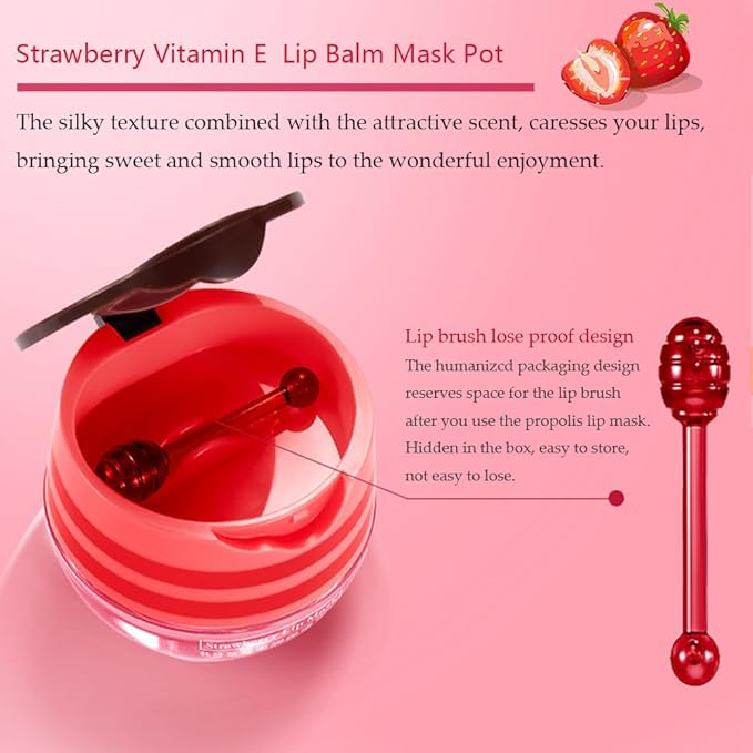 2PCS Strawberry Pot Lip Balm with Brush,Lip Exfoliating Balm Sleeping Lip Mask,Hydrating Prevention Dry and Cracked Lip Scrubs Exfoliato Lip Sleeping Mask Reduces Lip Lines Lip Care Products-FemmiqueWomen