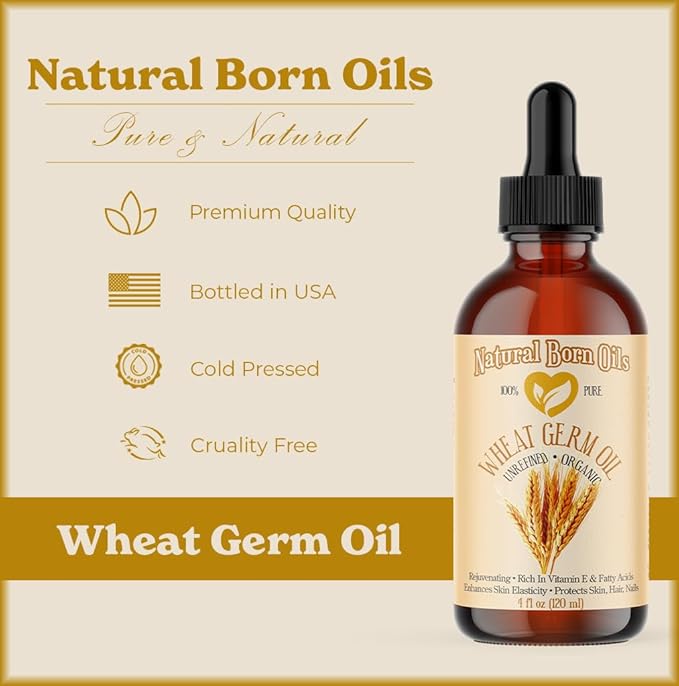 Natural Born Oils Wheat Germ Oil. 4oz. 100% Pure, Natural, Organic, Cold-pressed, Unrefined, Rejuvenating, Rich in Vitamin E. Moisturizer for Skin Hair-FemmiqueWomen
