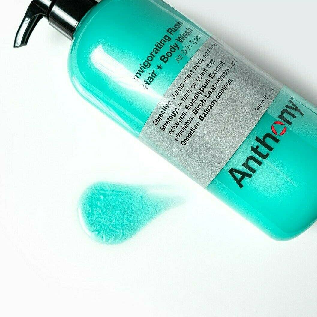 Anthony Mens Body Wash and Shampoo: Invigorating Rush 2-In-1 Liquid Gel Soap & Hair Shampoo, Pine Wood Scent, Hydrating with Eucalyptus, Canadian Balsam, Birch Leaf, Charcoal, Sea Kelp, 32 Fl. Oz-FemmiqueWomen