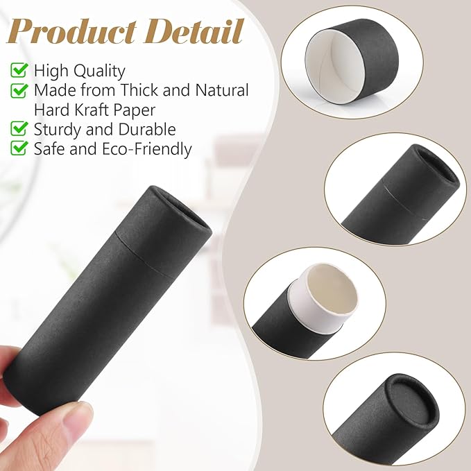10 Pcs 25g Paperboard Lip Balm Tubes Refillable Krafts Paper Lipstick Tube Round Cardboard Empty Lip Gloss Container Holder Tubes for DIY Chapstick Salve Cosmetic Lotion Solid Perfume - Black-FemmiqueWomen