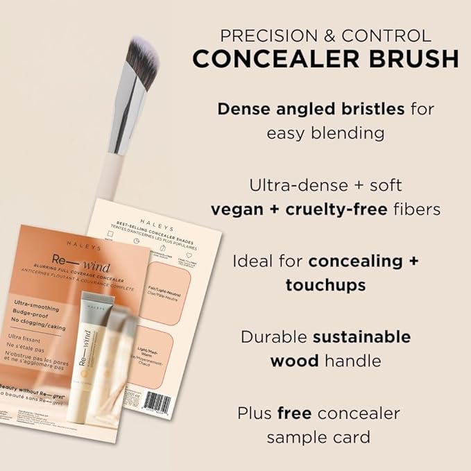 HALEYS Concealer Brush VEGAN+CRUELTY-FREE, Sustainable Wood, Vegan Bristles for Airbrushed Finish, For Creams,Liquids, Powder, Streak-free, Perfect Blending, Buffs, Smooths with Control, Special shape-FemmiqueWomen