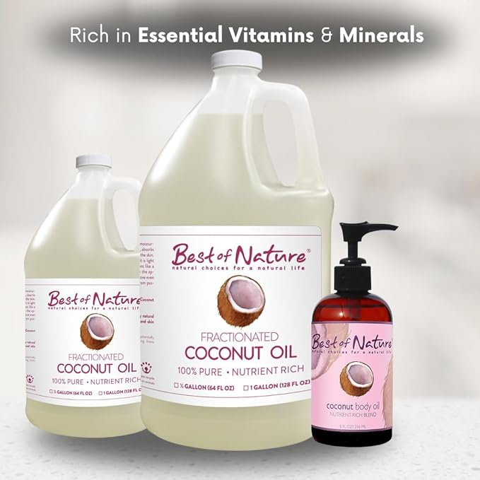 Best of Nature 100% Pure Fractionated Coconut Oil - Liquid MCT Massage & Body Oil, Unscented Moisturizer for Hair, Skin, Face, Aromatherapy Carrier for Essential Oils, Half Gallon (64 fl oz)-FemmiqueWomen